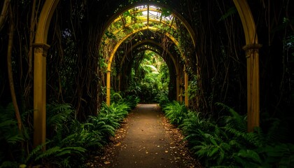 Obraz premium Path Through Archway in Lush Green Garden Landscape
