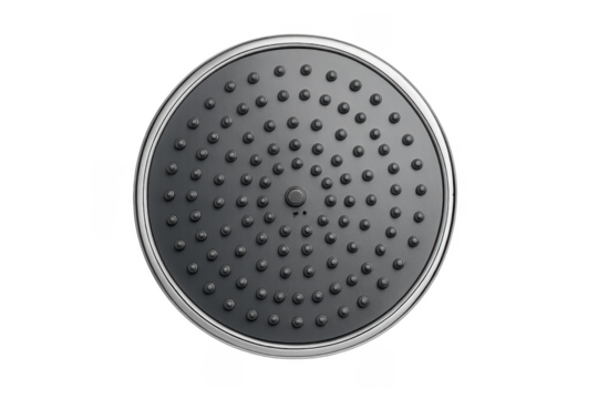 Round shower head with chrome border on transparent background