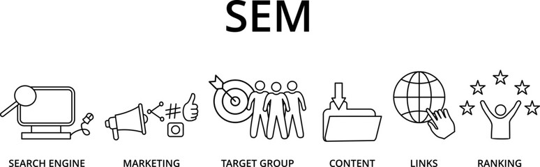 Banner SEM search engine marketing vector illustration concept with keywords and icons
