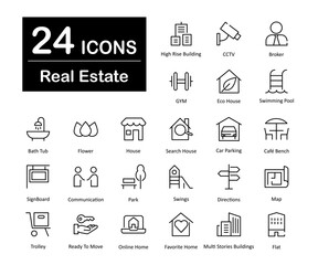 These are 24 beautiful small, pixel perfect real estate interface vector icons.