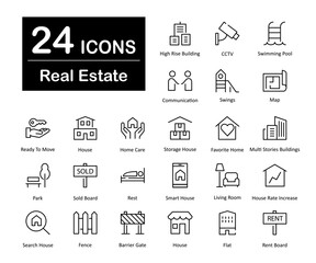 These are 24 beautiful small, pixel perfect real estate interface vector icons.