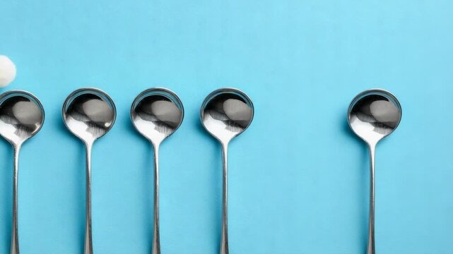 Five spoons arranged in a row on a blue background, with a Santa hat perched on the leftmost spoon.