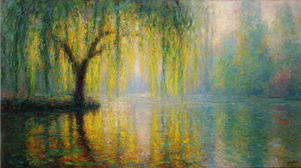 Willow tree painting over water with reflections in impressionist style