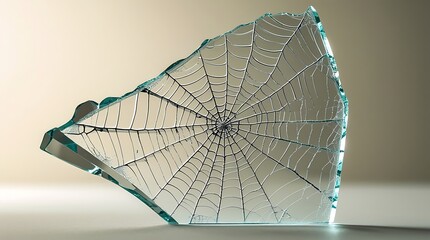 A detailed professional photograph of a delicate spider web pattern intricately etched on a cracked glass shard, isolated against a soft creamy light, with the cracked glass.