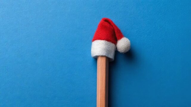 Pencil with a tiny Santa hat on a blue background.