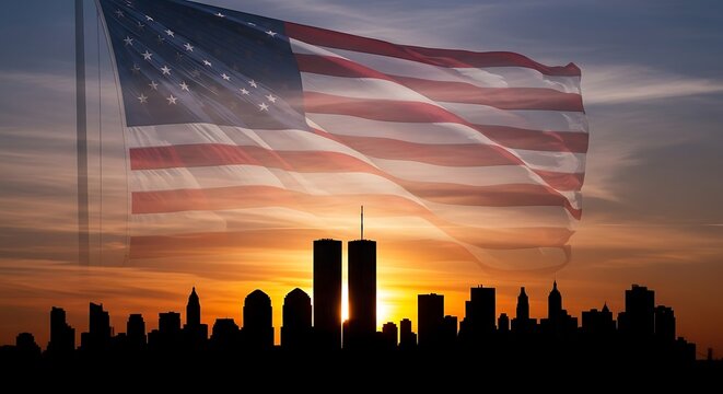 Tribute to New York City a skyline silhouette with the American flag overlay at sunset