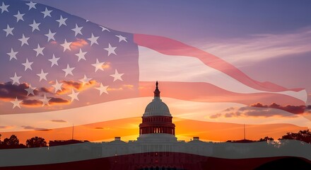 United States Capitol Building at Sunset with American Flag Overlay Graphic
