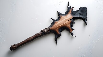 A photo of a broken witch's wand with charred and burnt edges, placed diagonally on a pristine white background, with the wand's wooden surface visible and its tip splintered.