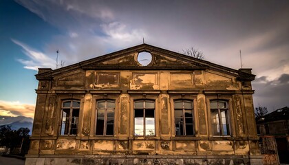 Dilapidated two-story building with arched windows against dramatic cloudy sky
