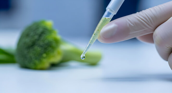 Scientist carefully extracts liquid from broccoli sample using pipette for healthy food research and development