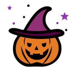 Cartoon pumpkin wearing a witch hat with stars and dots for halloween celebration design element