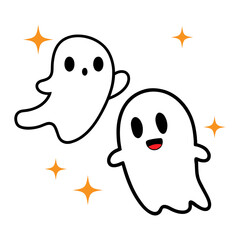 Two cartoon ghosts floating with sparkling stars around them on a white background illustration image