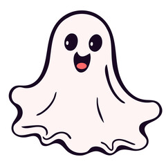 Illustration of a cartoon ghost with a happy expression and black outline on a white background color