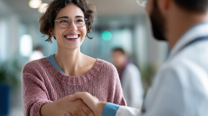 Happy satisfied female patient exchanging warm handshake with male surgeon in hospital corridor following successful medical consultation appointment patient satisfaction moment