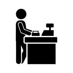 Silhouette stickman standing at cashier counter with cash register, supermarket checkout concept, retail shopping payment, transaction, customer service, commerce, minimal black vector illustration.
