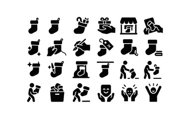Obraz premium vector solid black filled icons Stockings (Scenes) stocking, hanging, filling, gifting, wrapping, sewing, knitting, buying, selling.