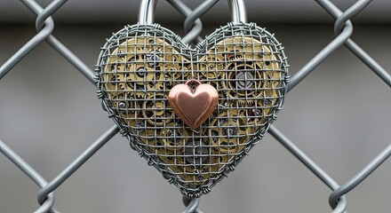 Intricate Heart Shaped Lock With Gears and Chain Link Fence Background