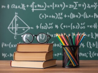 Inspiring learning setup with vintage books, colorful pencils, stylish glasses, and chalkboard full of equations for educational designs and back to school projects