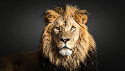 Obraz premium A regal lion stares forward, mane glowing with golden depth against a shadowed backdrop.