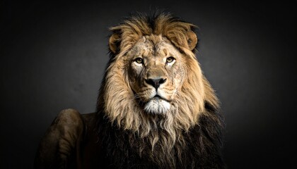 Fototapeta premium A regal lion stares forward, mane glowing with golden depth against a shadowed backdrop.