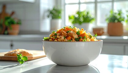 Healthy and Delicious Bowl of Food with Vegetables in a Bright Kitchen Setting