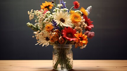 A photo of a bouquet of wildflowers in a mason jar