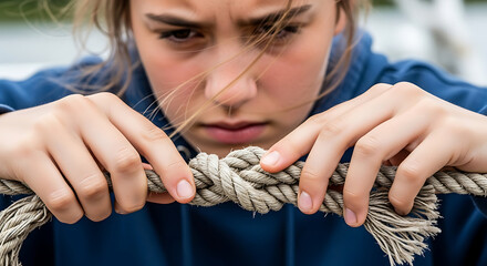 Determined young person intensely focused on securing a strong knot with weathered rope, embodying resilience and preparation for adventure