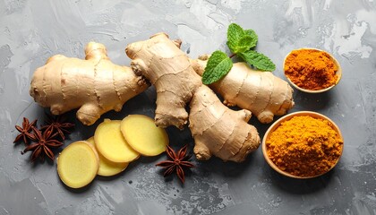 Fresh ginger root with turmeric and spices arranged on a gray surface