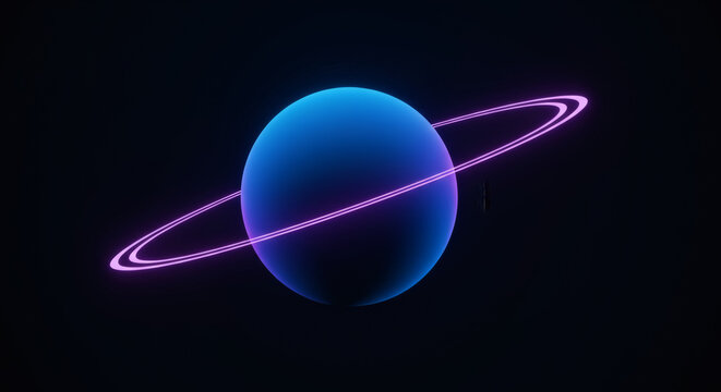 Vibrant blue planet with glowing neon rings against transparent background