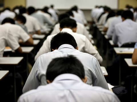 Intense focus during high-stakes exam in packed classroom, students diligently working towards academic success, highlighting dedication and hard work for future goals