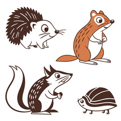 Fototapeta premium Cute cartoon collection of woodland forest animals including a hedgehog chipmunk squirrel and beetle