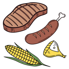 Delicious grilled steak sausage corn on the cob and lemon slice for a summer barbecue meal