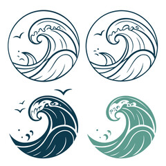 Four stylized circular wave designs featuring crashing ocean waves and flying seagulls in various artistic styles