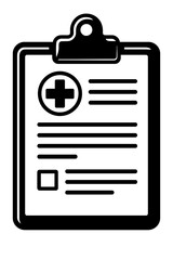Medical Record Clipboard Icon with Health Cross. Black & white vector graphic for patient charts, diagnosis reports, treatment plans, and health forms. Essential healthcare document symbol for clinics