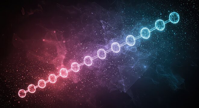 Abstract visualization of a digital blockchain network with glowing nodes connected in a chain.