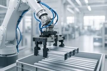 Robotic Arm Packing Aluminum Profiles in Factory. A robotic arm precisely handles and packs aluminum profiles in an advanced, automated facility for efficient metal production and distribution.