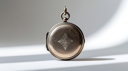 Photo of an antique locket with subtle faint scratches and an intricate engravings design, placed solitary and centered on a pristine white background in soft studio lighting.