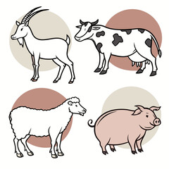 Set of four farm animals including a goat cow sheep and pig in a simple illustrative style