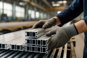 Worker Handling Aluminum Profiles in Production Facility. Gloved worker organizing aluminum profiles on a production line in a modern factory, ensuring proper handling and quality during.