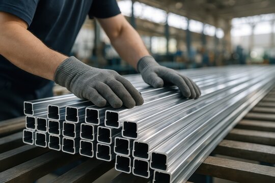 Worker Handling Aluminum Profiles in Production Facility. Gloved worker organizing aluminum profiles on a production line in a modern factory, ensuring proper handling and quality during.