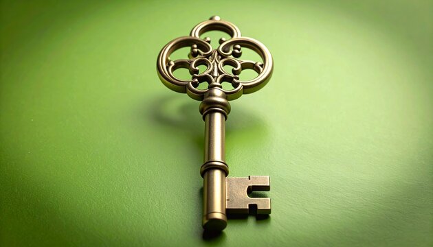 An ornate vintage key lies on pale green, evoking mystery, access, and timeless design.