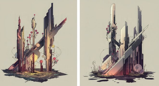 Abstract digital art depicting futuristic crystalline structures with organic elements and glowing lights.