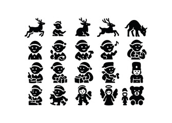 vector solid black filled icons Santa Claus (Companions) reindeer, run, rest, flying, eating, sleeping, elf, helper, painter, builder, singer, elf.