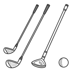 Three golf clubs and a golf ball illustrated in a simple line art style on a white background
