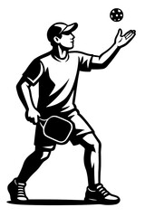 Dynamic Pickleball Player Mascot Vector Illustration: Male Athlete in Action Serving the Ball with Paddle, Perfect for Sports Logos, Tournament Graphics, Fitness Websites, and Active Lifestyle Brandin