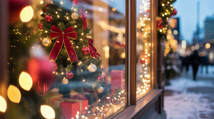 Festive Christmas Store Window with Tree, Lights, and Holiday Decorations at Night