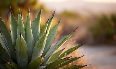 Fototapeta premium Vertical composition of an agave. zoomed in to highlight the spikes