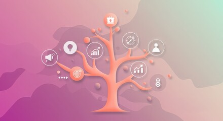 Illustration of a stylized tree with business and marketing icons representing growth and strategy.