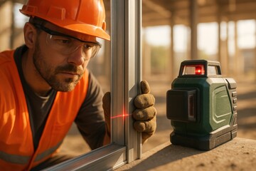 Worker Using Laser Level for Precision Metal Profile Alignment in Construction.