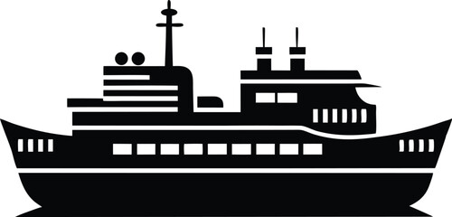 Obraz premium Maritime Ship Silhouette Vector Illustration. Cargo Ship Silhouette on the Ocean Vector, Sailing Ship Silhouette Vector for Logo and Design.